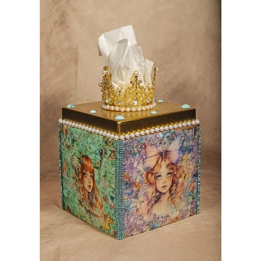Princess Rhinestone Vanity Tissue Box Cover Crown Baroque Pop Art Decor Royal